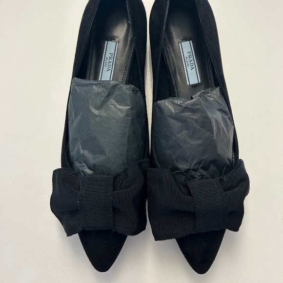 Black Suede Prada Flats with Bow - Picture 1 of 8